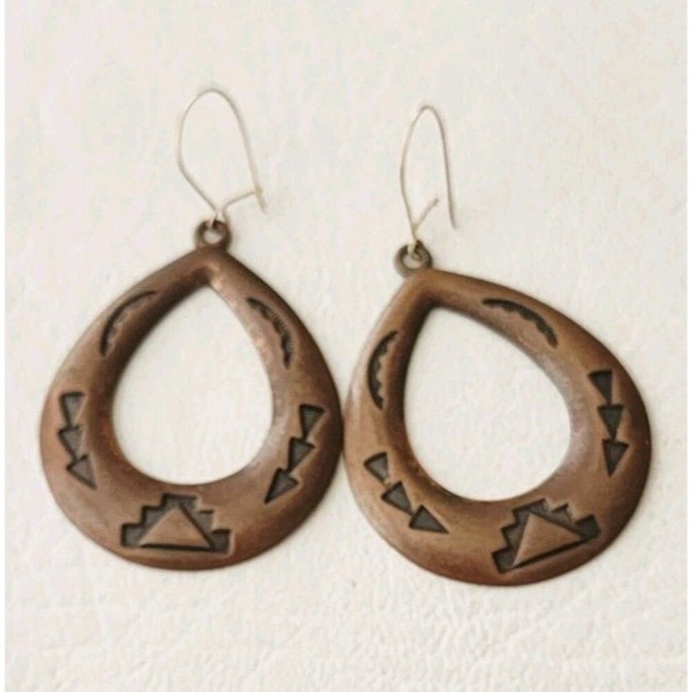 Vintage Native American Copper Stamped  Aztec Teardrop Concho Large Earrings